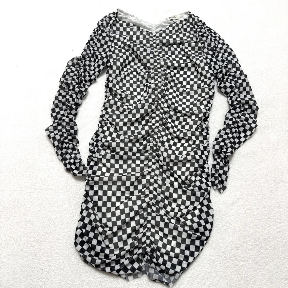 Baum Und Pferdgarten sz L  Black White Check Juneaux Mini Dress Mesh Stretch - Picture 6 of 9